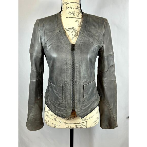 Zadig & Voltaire Vencia Cropped Collarless Lamb Leather Jacket Gray S - Picture 1 of 16